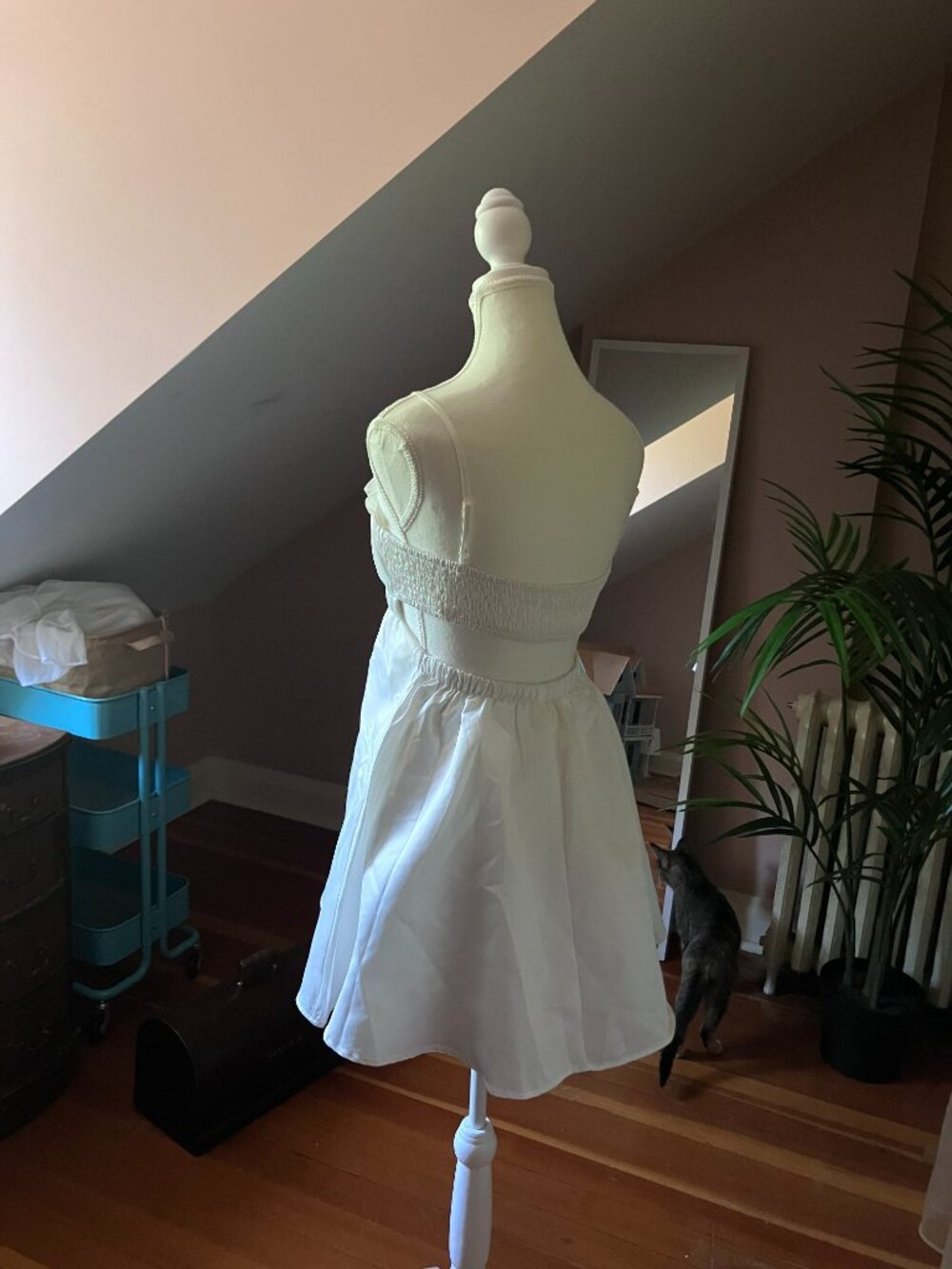 White ruffled neckline ruched babydoll dress a line mini tank gown - Picture 8 of 8